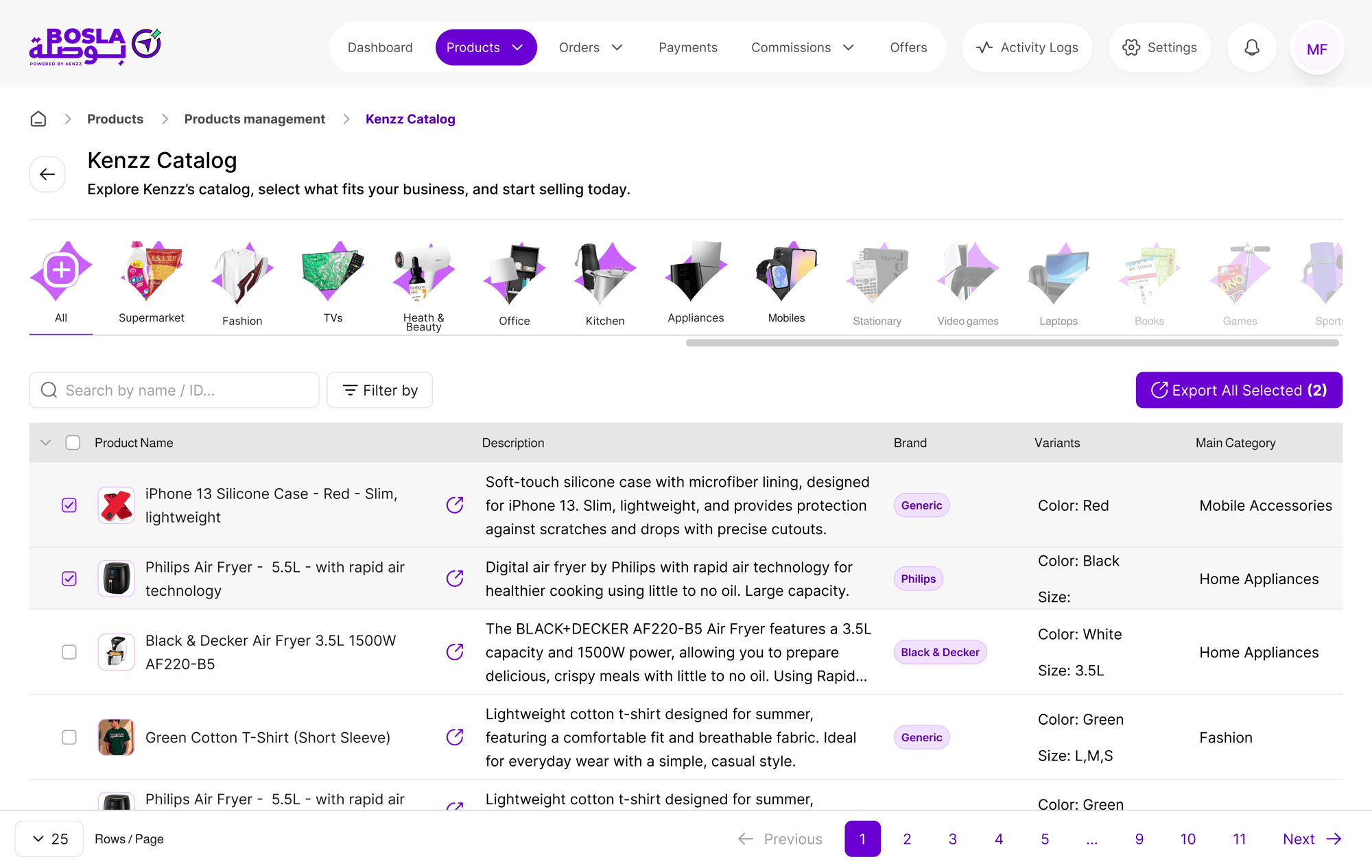Kenzz Catalog list with products selected for bulk export