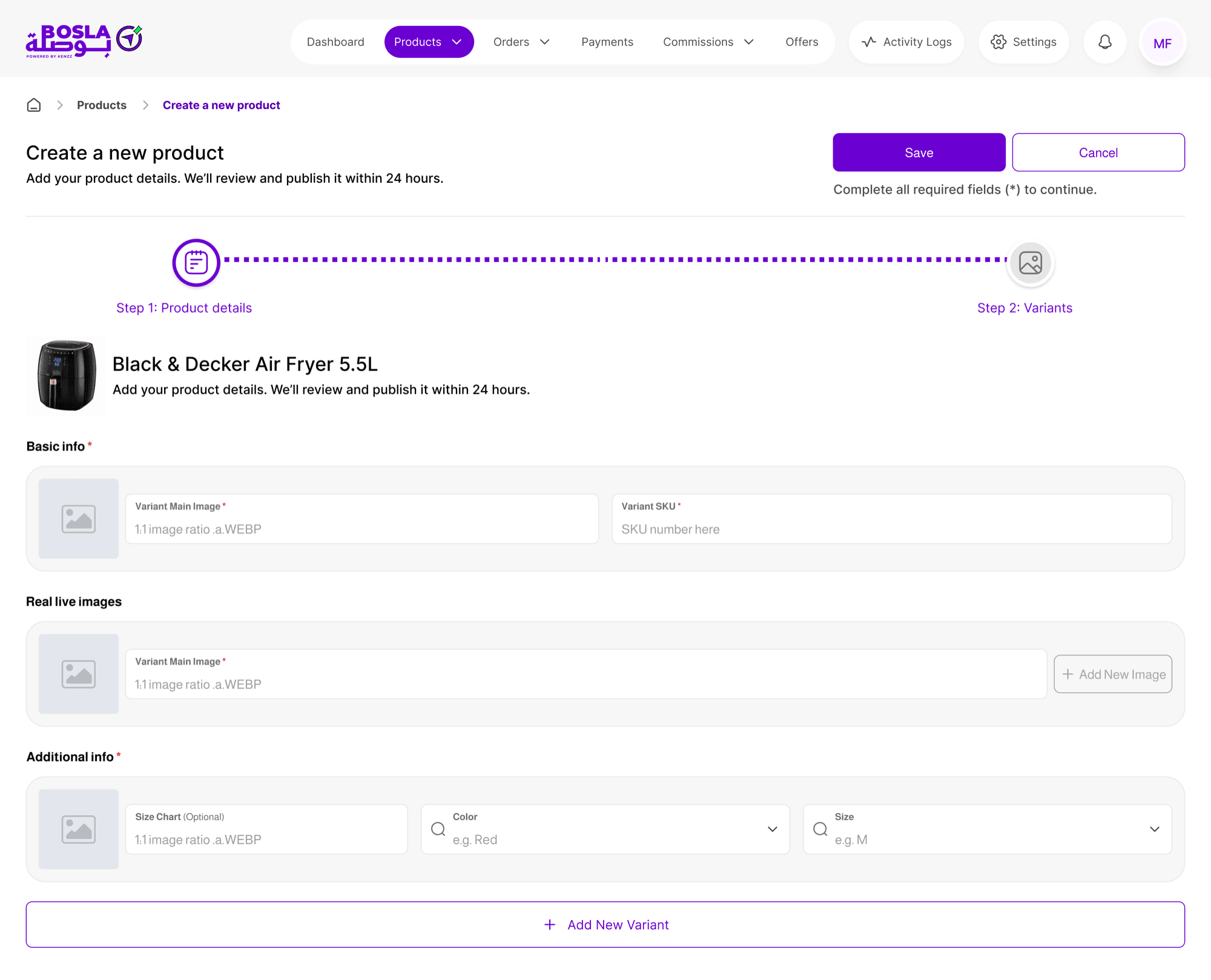 Variant builder — selecting sizes and colors on one screen with main image and SKU fields