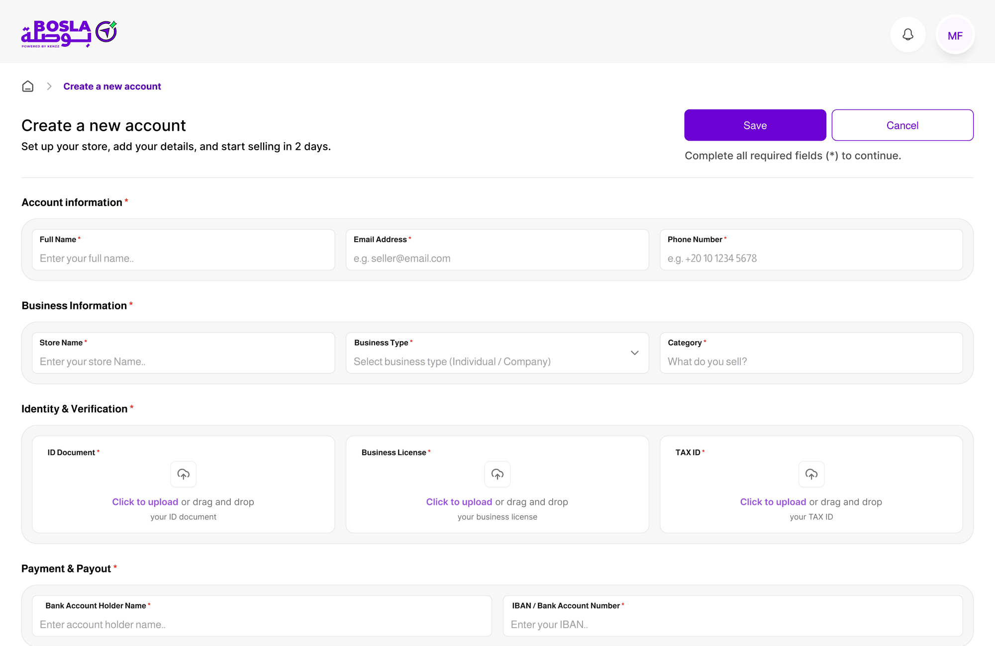 Seller sign-up screen — account information, business information, identity verification uploads, and payment payout grouped into one structured form