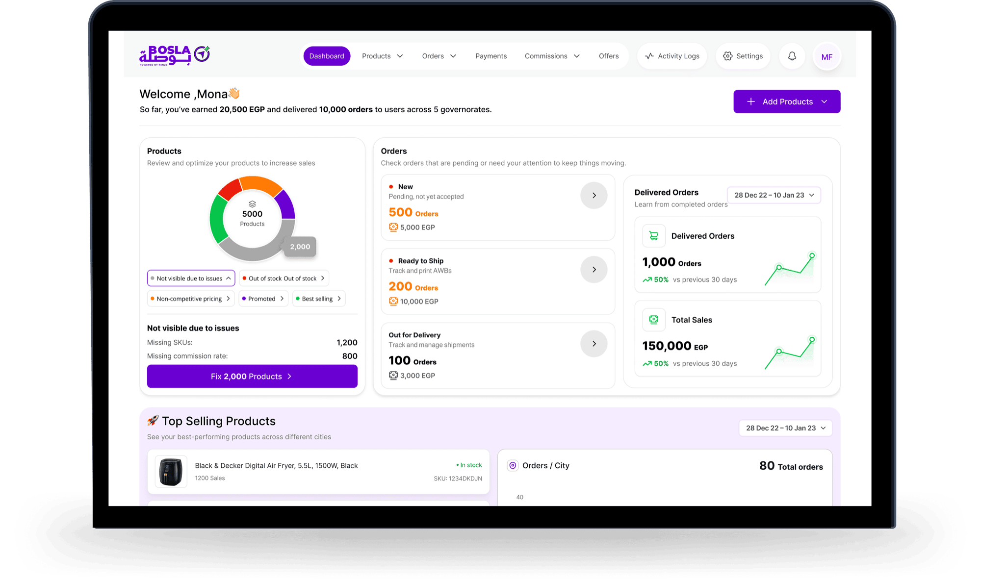 BOSLA merchant self-serve dashboard powered by Kenzz