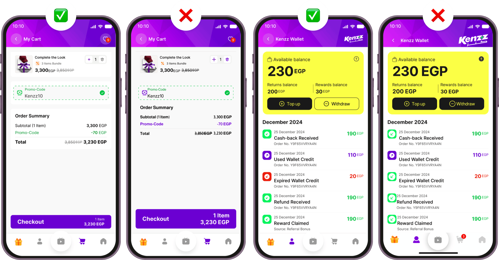 Cart and Kenzz Wallet screens compared side by side — consistent versions marked with a check, inconsistent versions marked with a cross