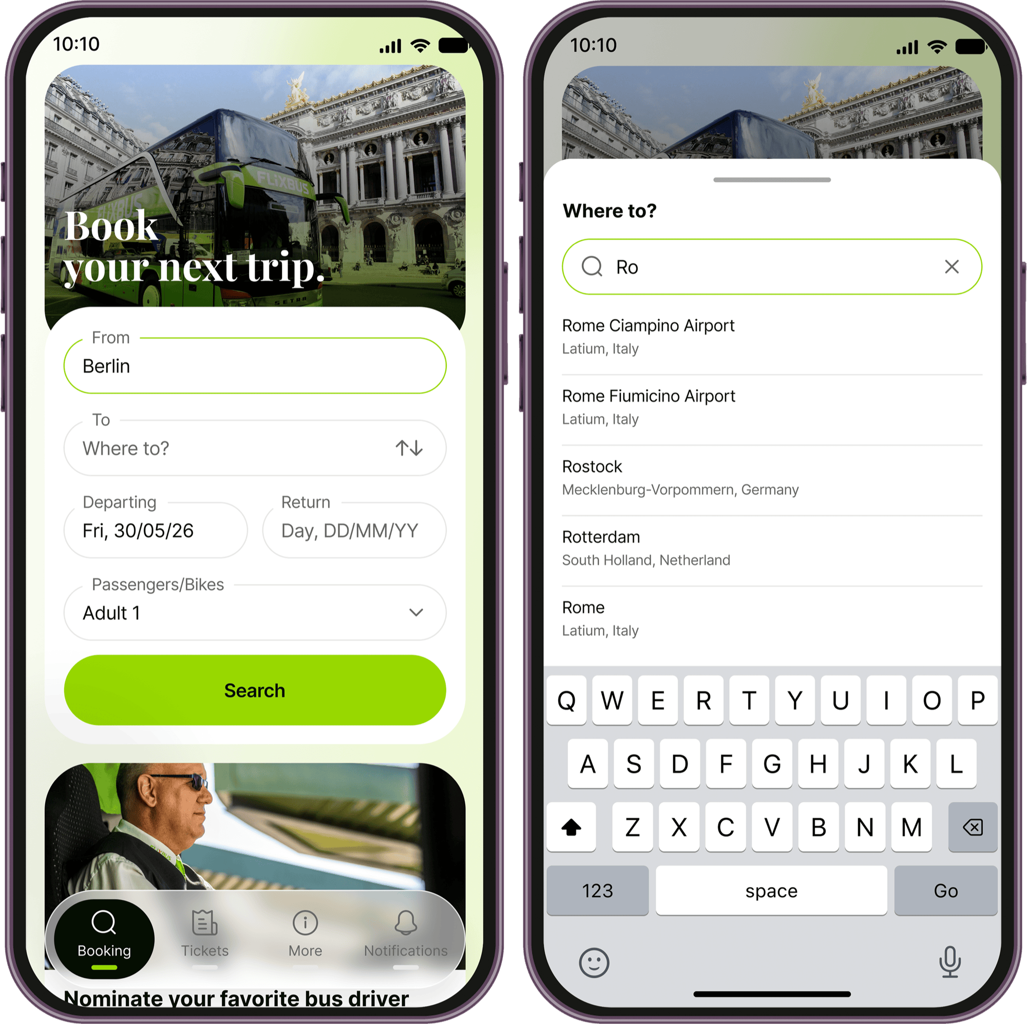 Redesigned Flix booking app — home search and destination search screens