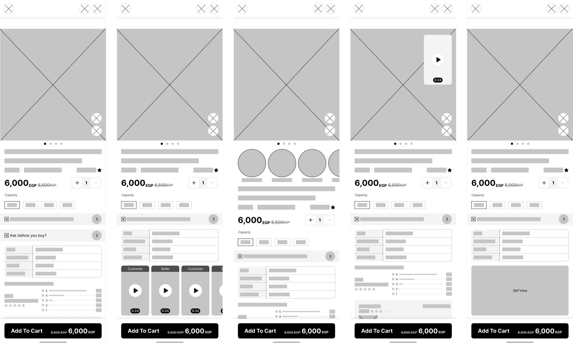 Five AI-generated product page wireframe directions explored in Motiff AI