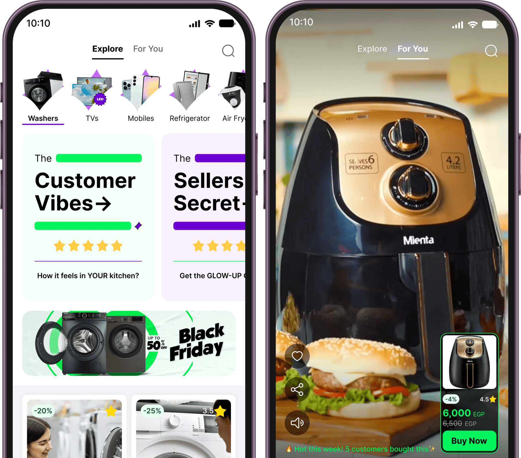 Trust-based video shopping experience in the Kenzz app — Explore feed and an in-video product card