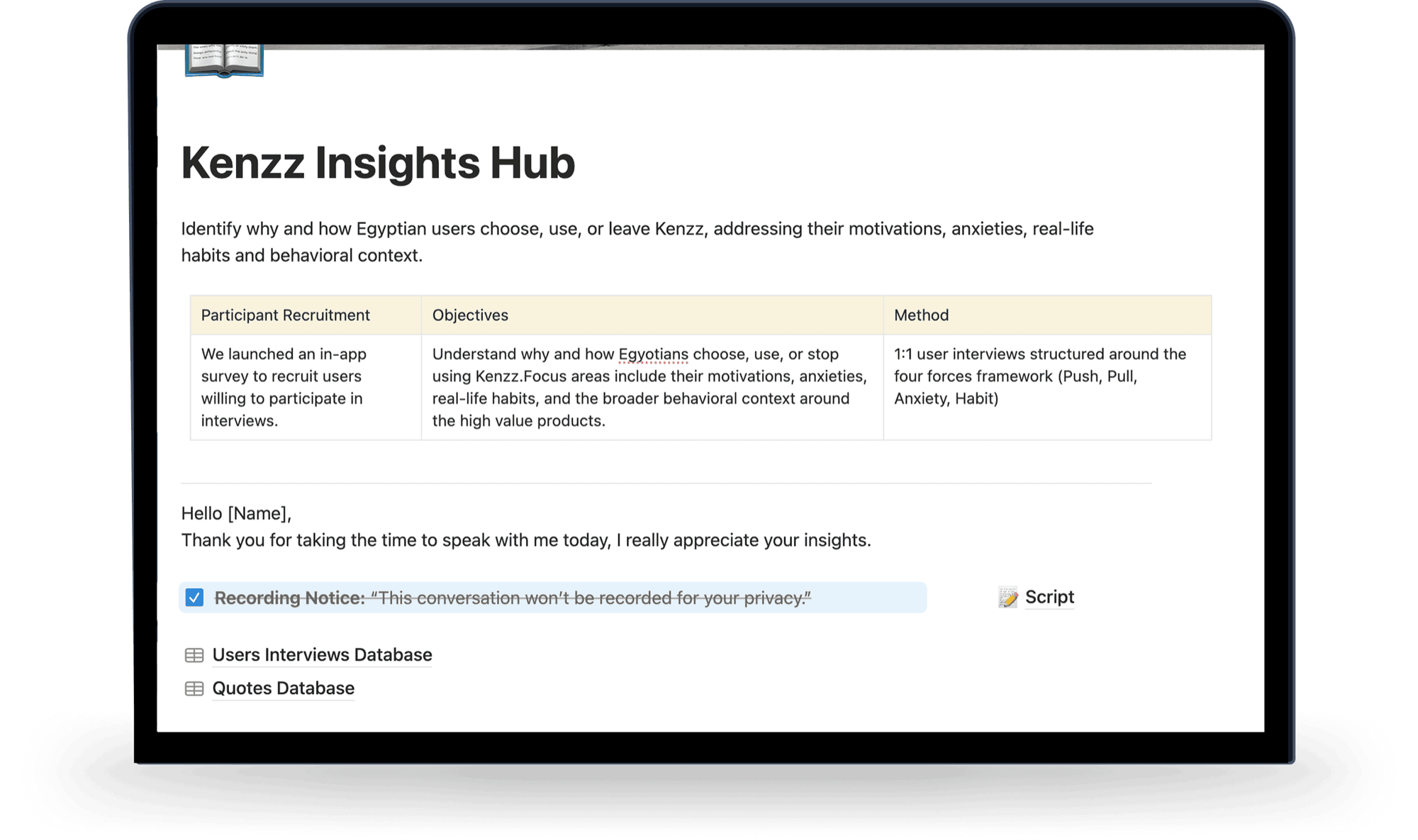 Kenzz Insights Hub Notion workspace shown on a MacBook